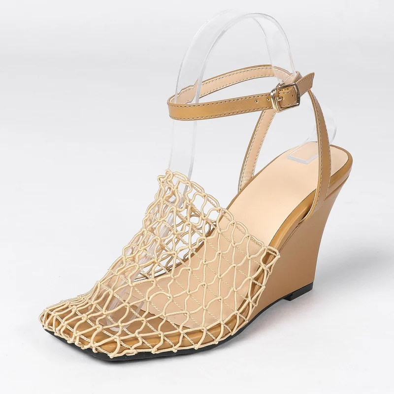 

2025 Fashion Summer Hollow Breathable Weaving Fishing Net Wedges Sandals Women Mesh Square Toe Trendy High Heels Women Sandals