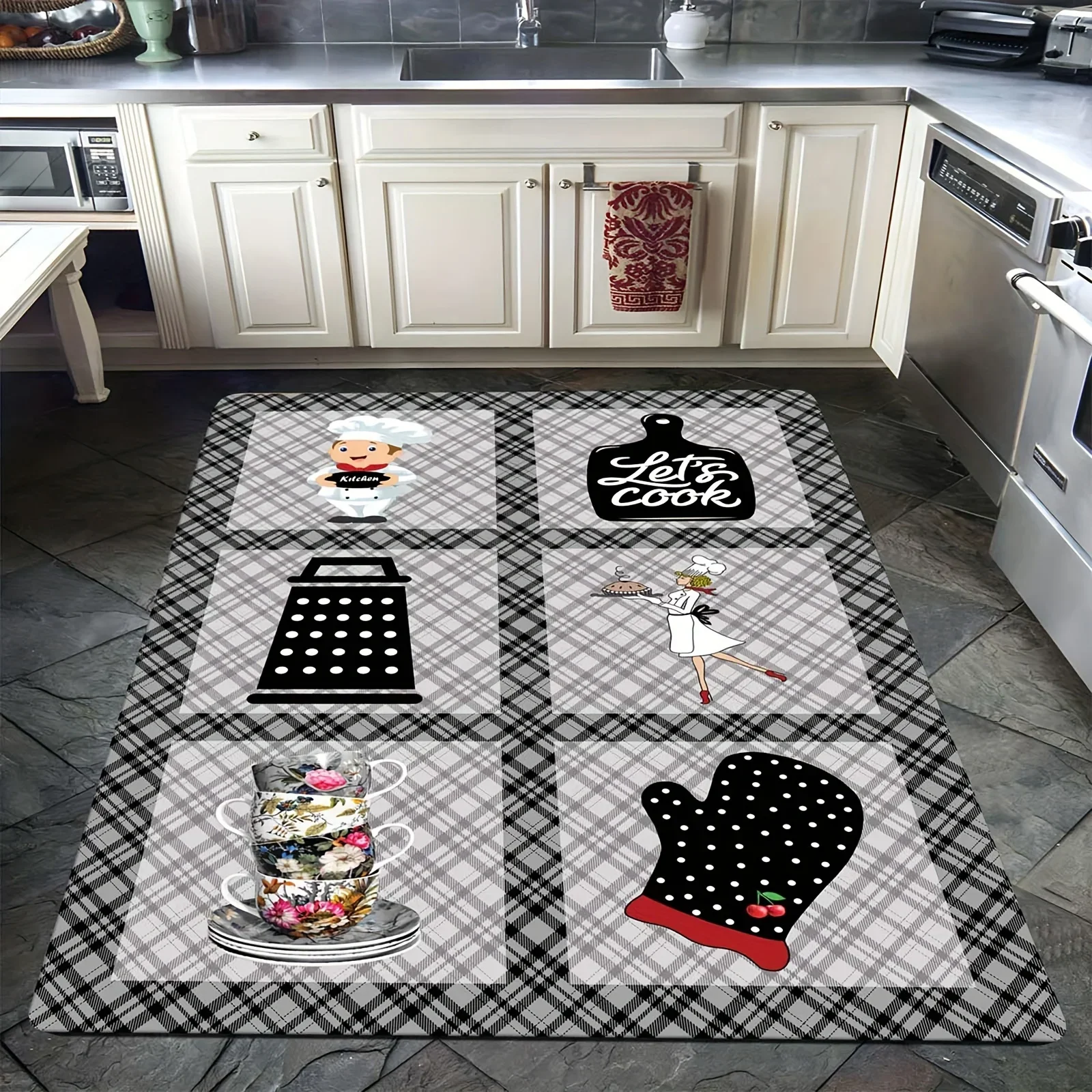 Non-Slip Kitchen Floor Mat - 1pc Soft 100% Polyester  Gray Plaid Design - with Playful Cooking Graphics,  - Rectangular Mat fo