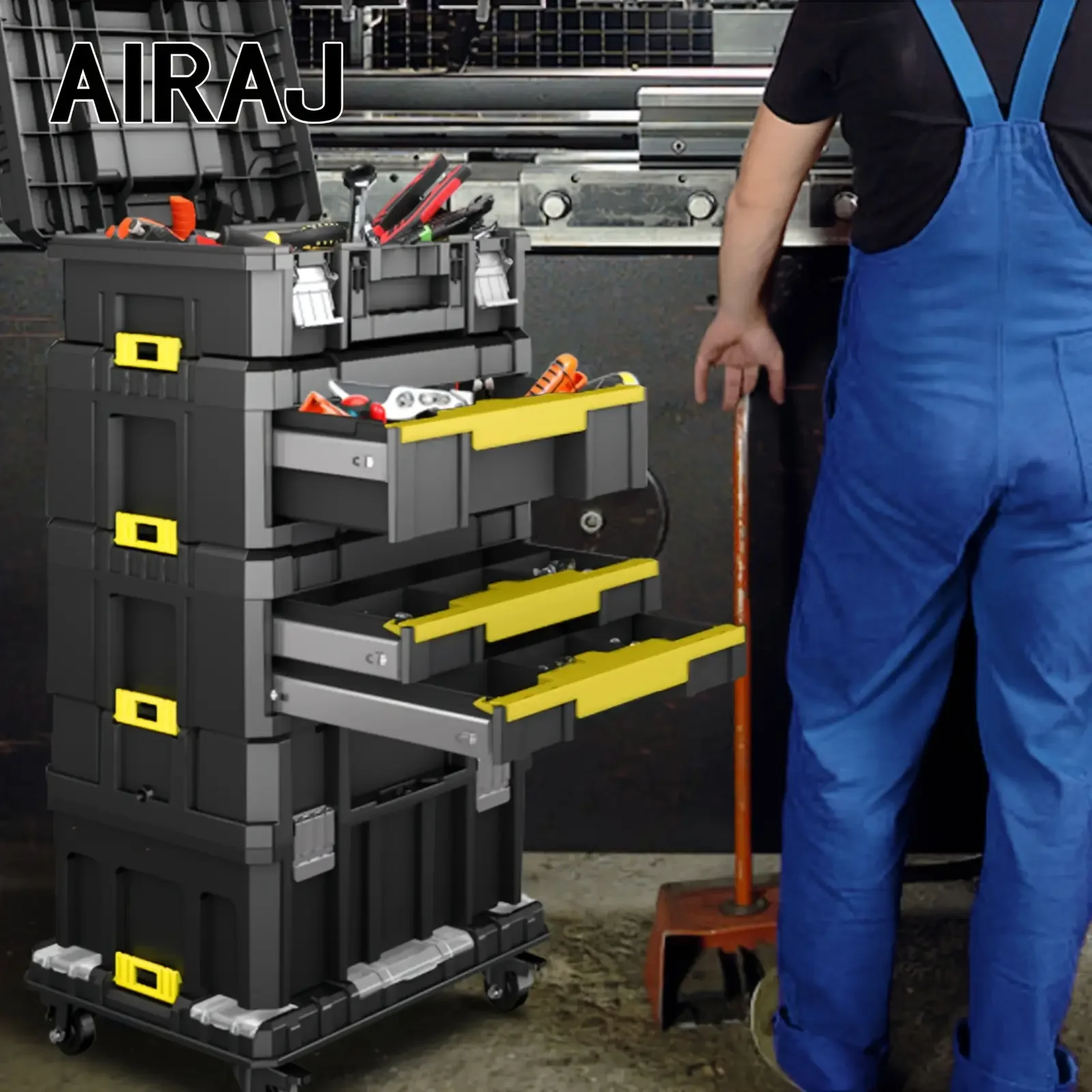 صندوق أدوات قابل للتكديس مكون من 6 طبقات، وأدراج، وعجلات، وشرائح تحمل. مواقع بناء لورش العمل المحمولة ذات سعة كبيرة وثنائية الأغراض