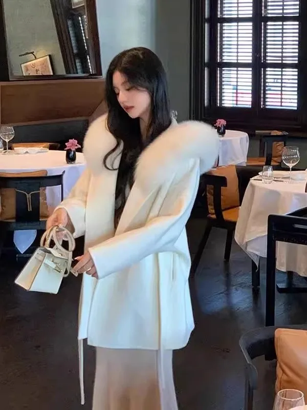 

White Fur Collar Double-Sided Camere Coat Women's Winter Faion Hooded Cowl Ne Woolen Jaet Korean Sle Straight Cut