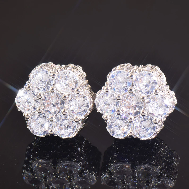 Hip Hop Claw Setting 5A+ Cubic Zirconia Bling Ice Out Stud Earring Male Flower CZ Earrings for Men Rapper Jewelry Gold Color