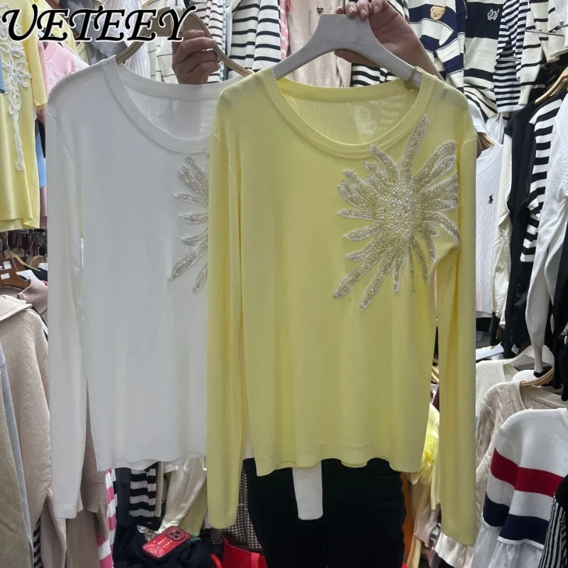 

Spring Summer New Fashion Heavy Beaded Sequin Long Sleeve Knitted T-Shirt for Women Unique Design Slimming Pullover
