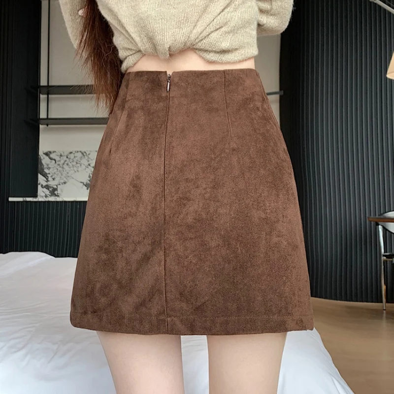 Autumn Winter Design Hollow Out Petal Rivet Suede A-line Mini Skirt For Women Fashion Bag Hip Sexy Ladies Short Skirt