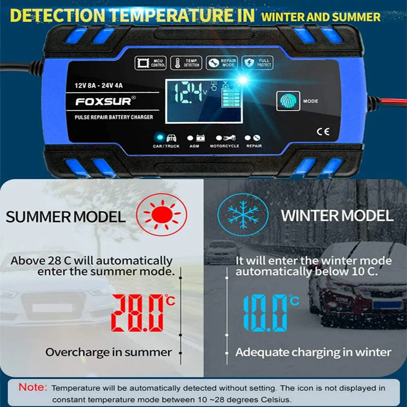 Motorcycle Car Battery Charger 12V 8A 24V 4A Automatic Start Pulse Repair LCD Smart Car Charger AGM GEL Lead-Acid WET Battery