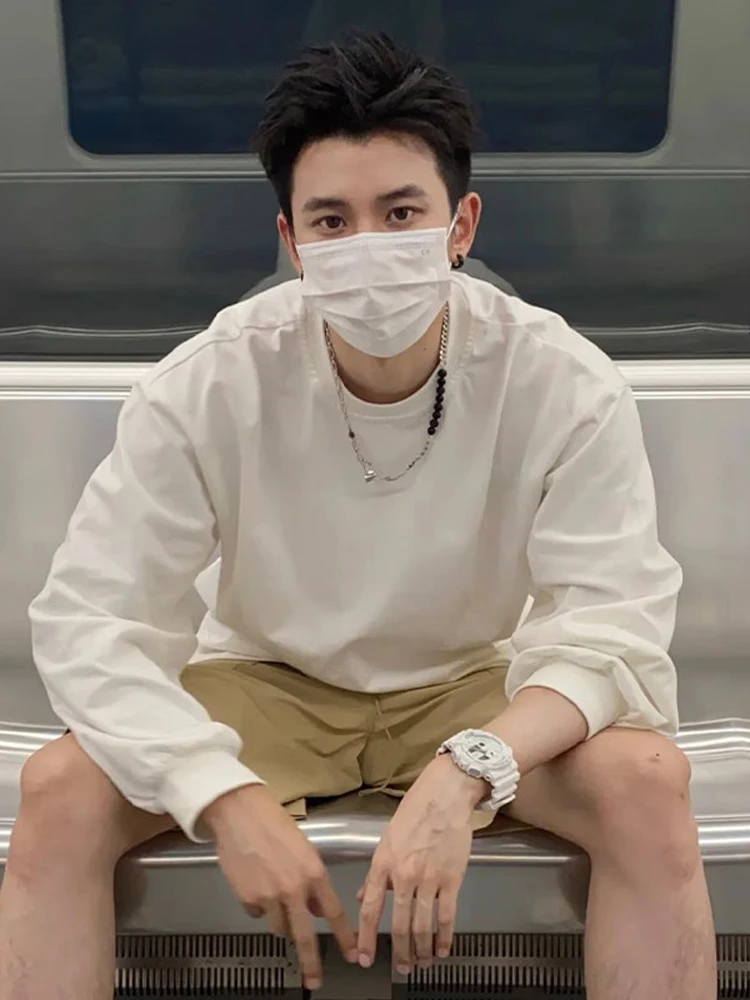 

Heavyweight Pure Cotton Long Sve T-irt Men's Spring Autumn American Retro round Ne No Cap Inner Wear Casual Sle Loos...