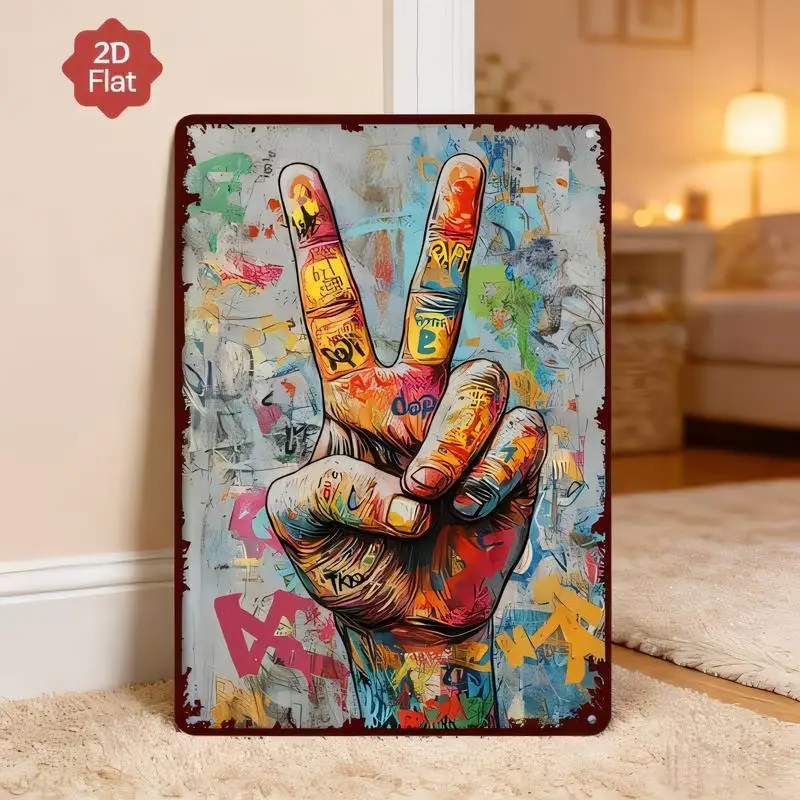 2D Flat Peace Sign Hand Graffiti Vintage Metal Tin Sign - Colorful Retro Wall Art for Home Bedroom Living Room Decor - Iron Mate