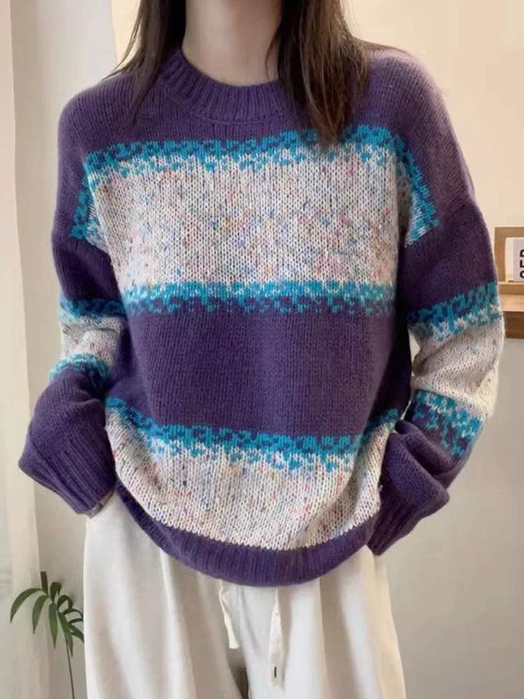 

Европейский свободный крой, цветная полосатая шерстяная трикотажная одежда, повседневный осенний свитер, утягивающая толстовка с капюшоном, ленивый топ