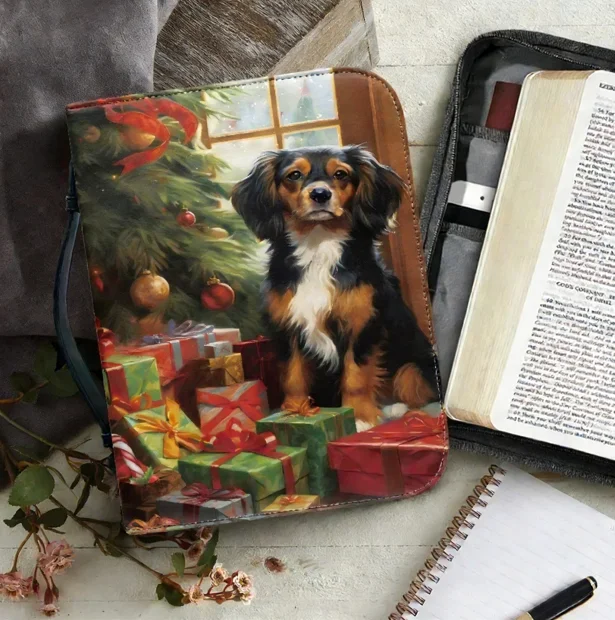 

2025 Womens Bible Storage Bag Christmas Cute Puppy and Cat Pattern Handbag PU Leather Zippered Handbag for Christmas Sac a main