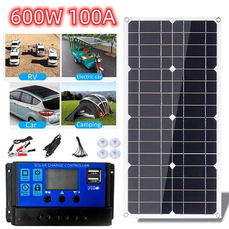 Portable Solar Panel 600W12VPower Bank, Solar Panel Kit 18V Controller Solar Plate For Home/Camping/RV/Car Fast Battery Charger