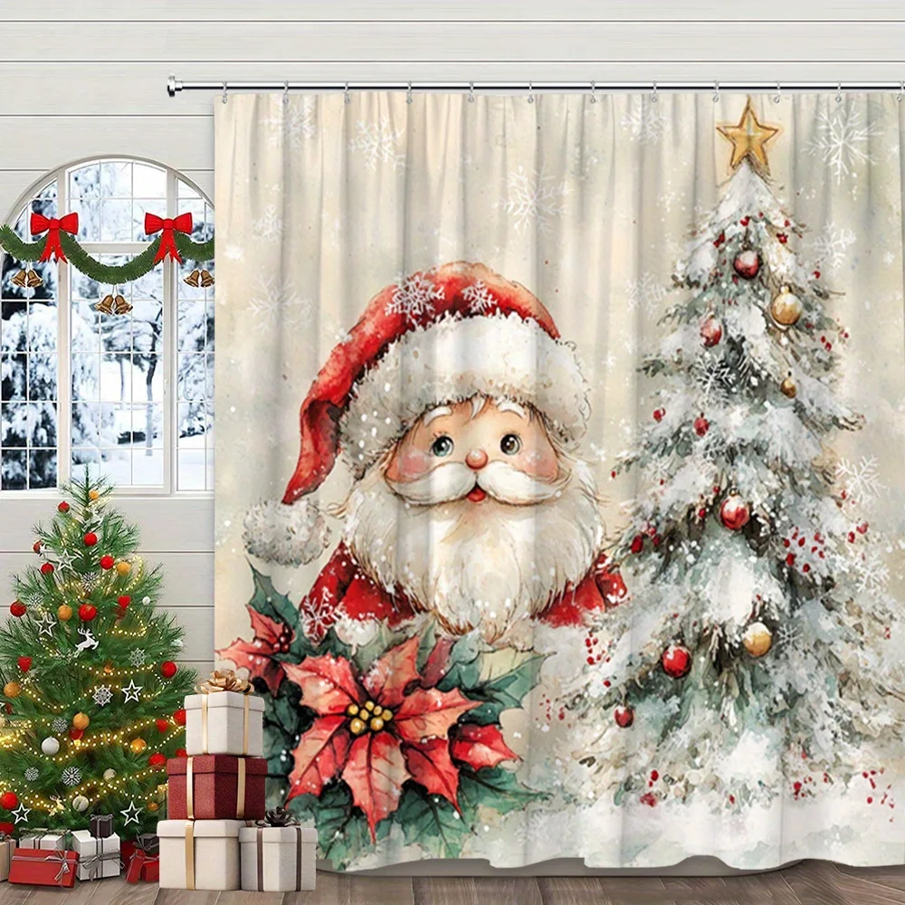 

1 шт. очень большая занавеска для душа Санта-Клауса — акварельный рождественский дизайн с Санта-Клаусом, елкой, пуансетью и снежинками — ванная комната