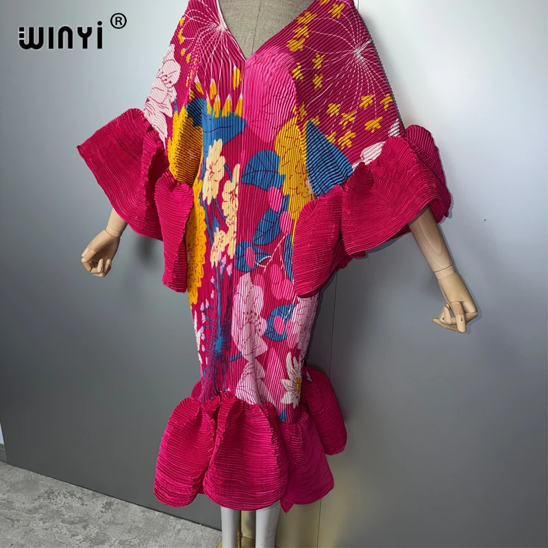 WINYI boho Pleated Elastic Slim Dress for Muslim Women Beach Cover up Kaftan Abaya Dubai Luxury Long down Holiday Evening Wear