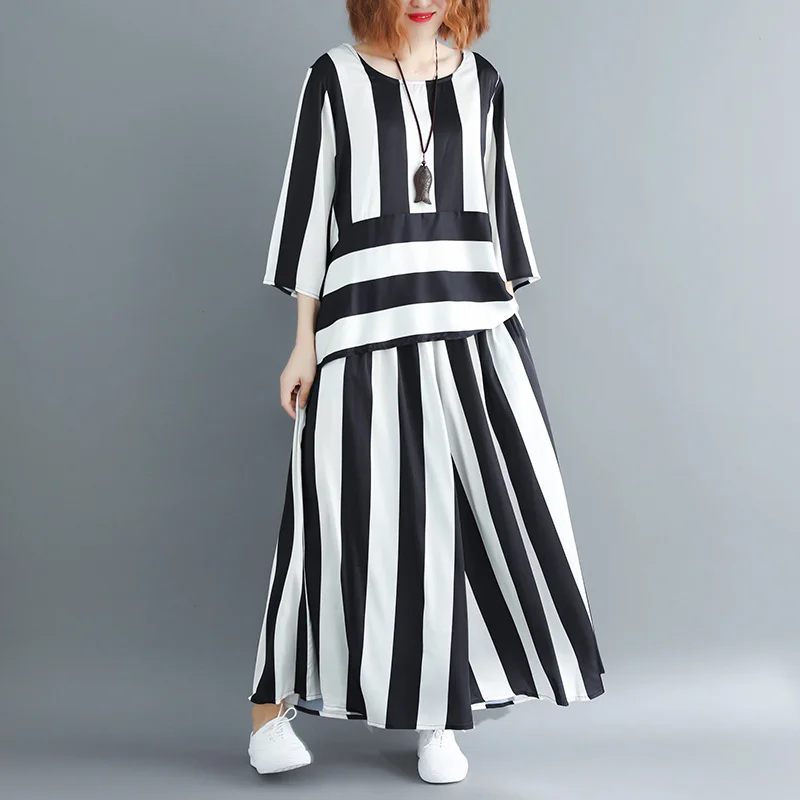 

#2718 Vertrical Striped Two Piece Set Top And Pants Loose Korean Style Asymmetrical Shirt And Wide Leg Pants Women Half Sleeve