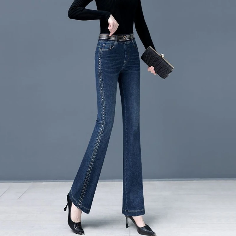 Korean High Waist  Flare Jeans For Women New Casual Embroidered Slim Denim Pant Spring Fall Pantalones Stretch Straight Vaqueros