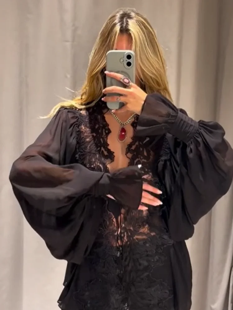 Women Ruffle V Neck Tie Front Flowy Blouse Brown Batwing Lantern Long Sleeve Loose Shirt Boho Chic Daily Vacation Street Wear