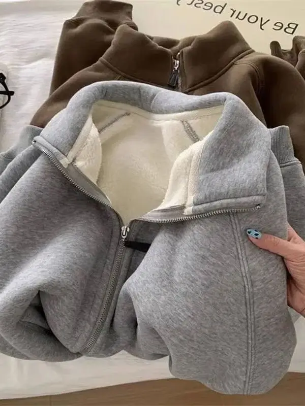 

Thiened Lamb Wool Hoodie Jaet Women's Coat Warm eep Velvet Outerwear Zipper Closure Long Sve Casual Street Sle