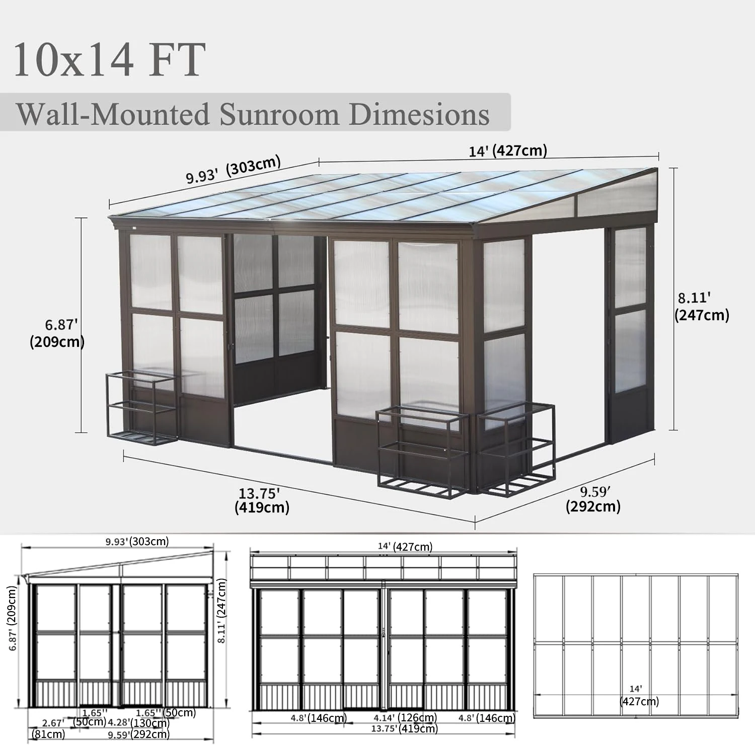 ！@Brown Outdoor Furniture Solarium Wall-Mounted Sun Room Canopy & Gazebo, 2 Sliding Doors for Backyard