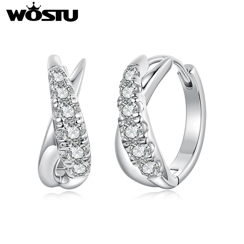 WOSTU X Style Cubic Zirconia Huggies Earrings, 925 Silver Post Cross Hoop Earrings for Women Minimalist Fashion Jewelry Gift