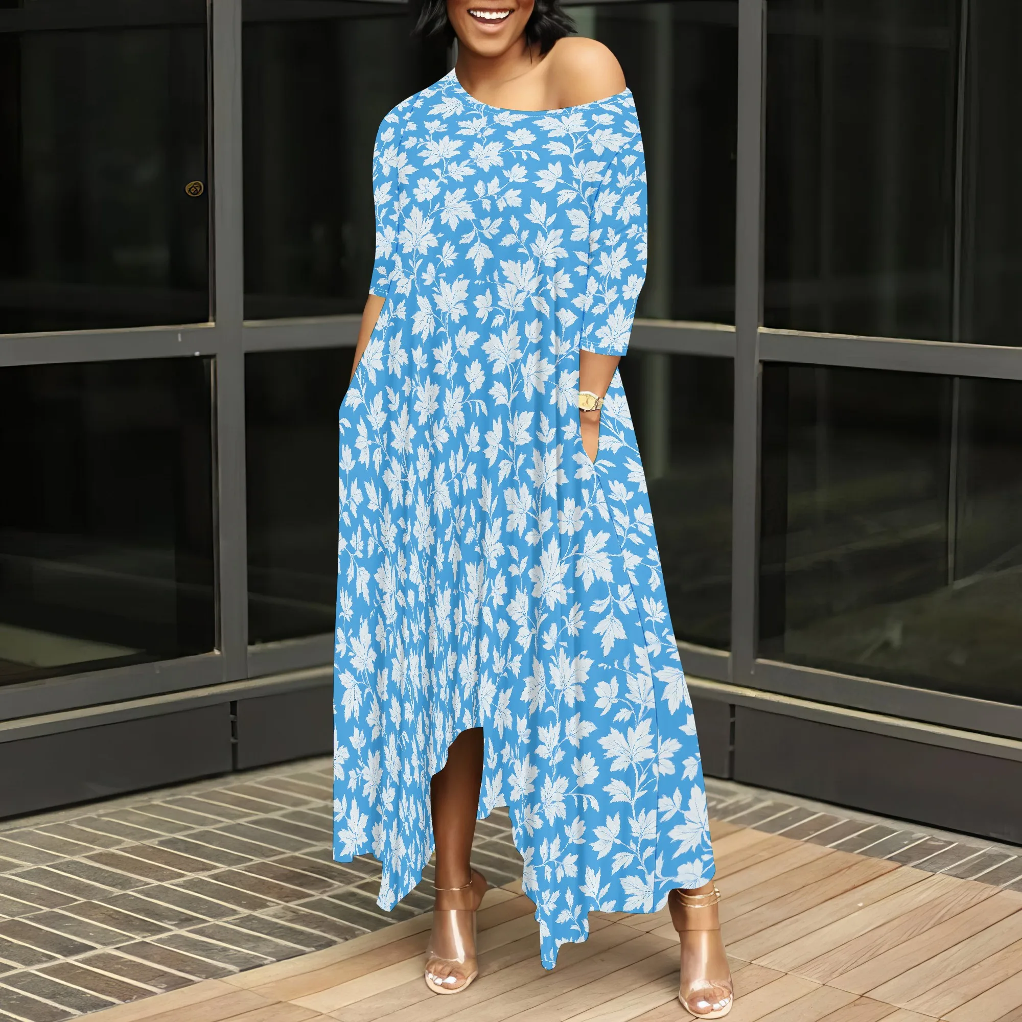 ชุดเดรสแม็กซี่เดรสลายดอกไม้ Boho ของผู้หญิงฤดูร้อนลําลองคอกลมแขนสั้นชุดเดรสโบฮีเมียนที่มีกระเป๋า