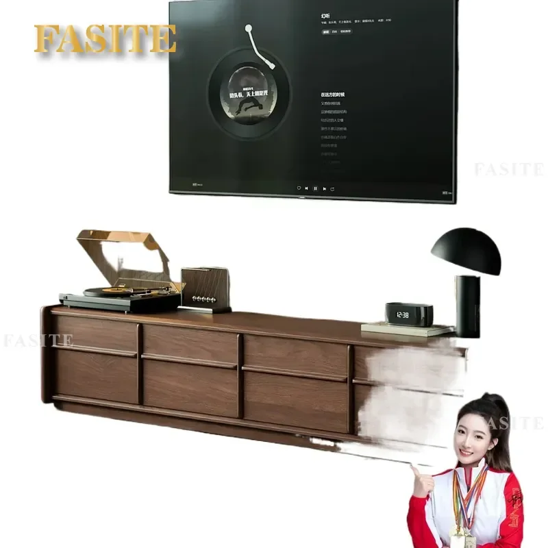 For Living Room Solid Wood TV Cabinet Antique Black Walnut Floor Console with Bone Inlay Detail Vintage Style Storage