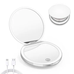 LED Compact Makeup Mirror with Lights 1X/3X Magnification Pocket Mirror, Rechargeable Travel Portable Handheld Mirror for Gifts