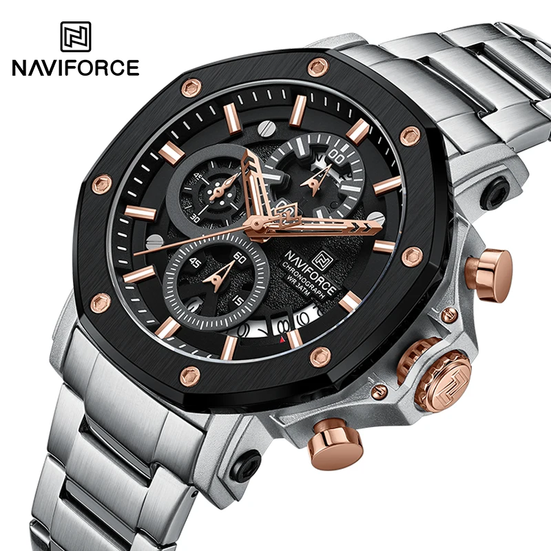 NAVIFORCE الساعات الأصلية للرجال NF8065 كوارتز كرونوغراف موضة الرياضة تاريخ عرض الصلب ساعة يد بحزام Relogio Masculino