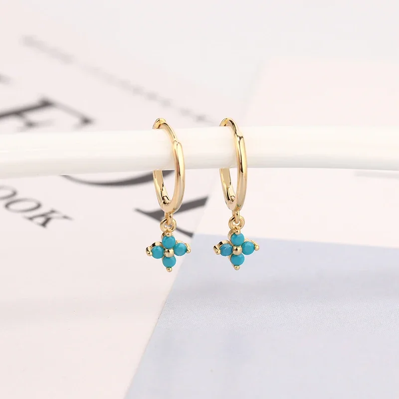 Four Leaf Clover Turquoise Blue Green Zircon Drop Earring for Women Fashion Piercing Rock Punk Party Jewelry Ohrringe Pendientes