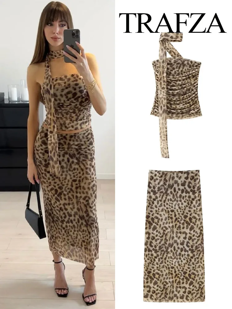 TRAFZA Vintage Skirt Set For Women 2024 Spring Leopard Print Causal Suit High Waist A-Line Skirt+Halterneck Off-Shoulder Tube