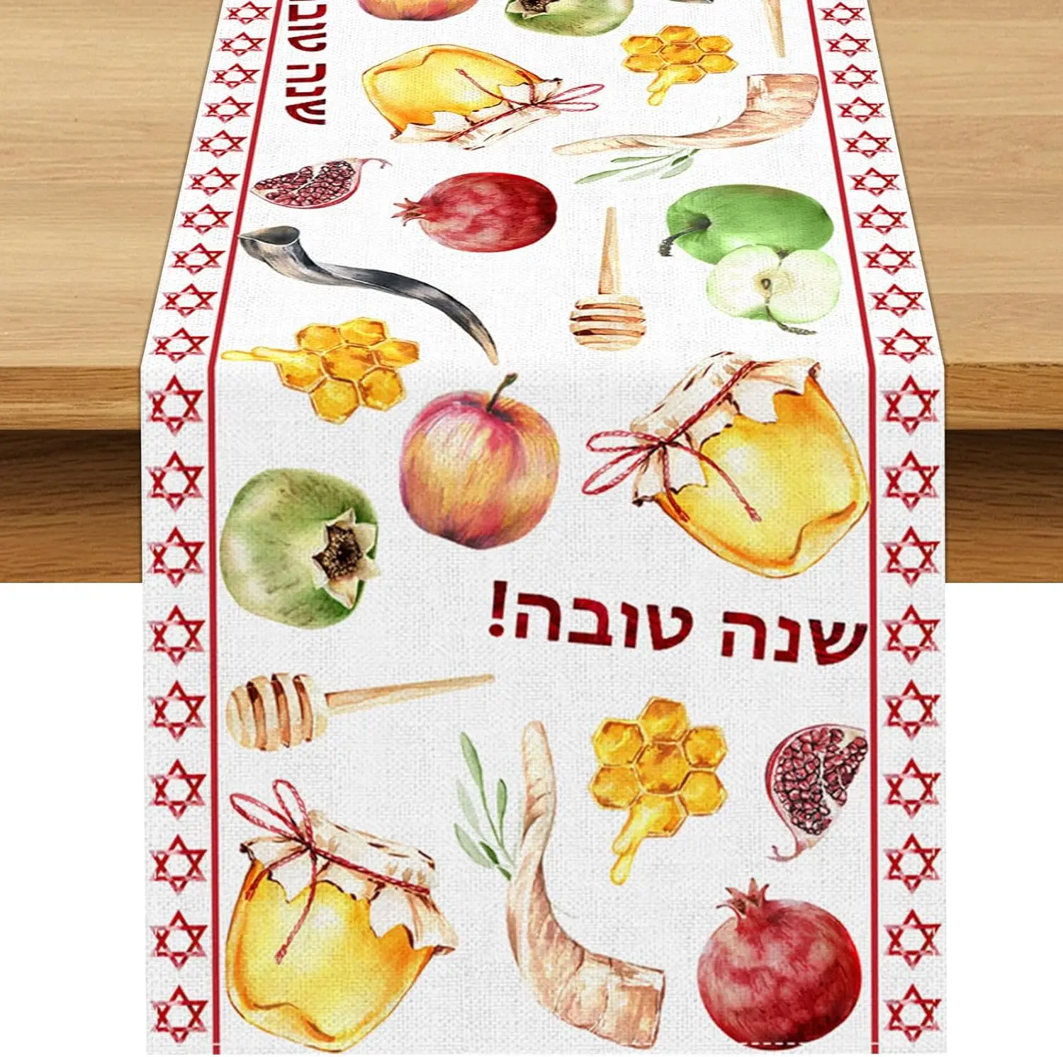Rosh Hashanah Linen Table Runner Party Decoration Shana Tova Honey Sheep Horn Pomegranate Table Runner Jewish New Year Decor