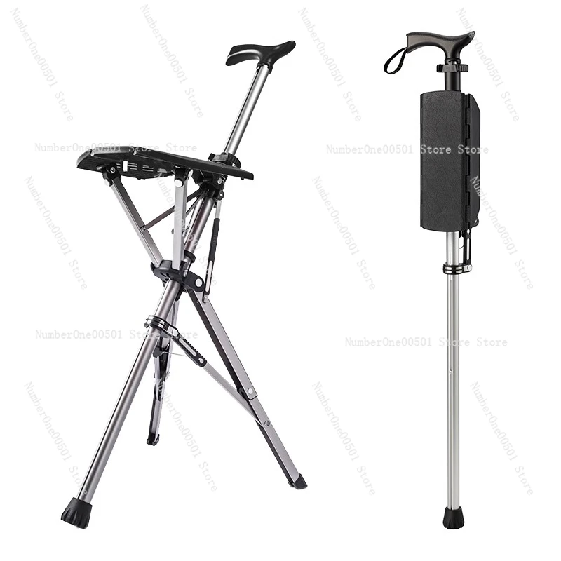 Multifunctional Ultra Lightweight Portable Aluminum Alloy Elderly Folding Crutches For Prevention Non Slip Belt Seat Stool