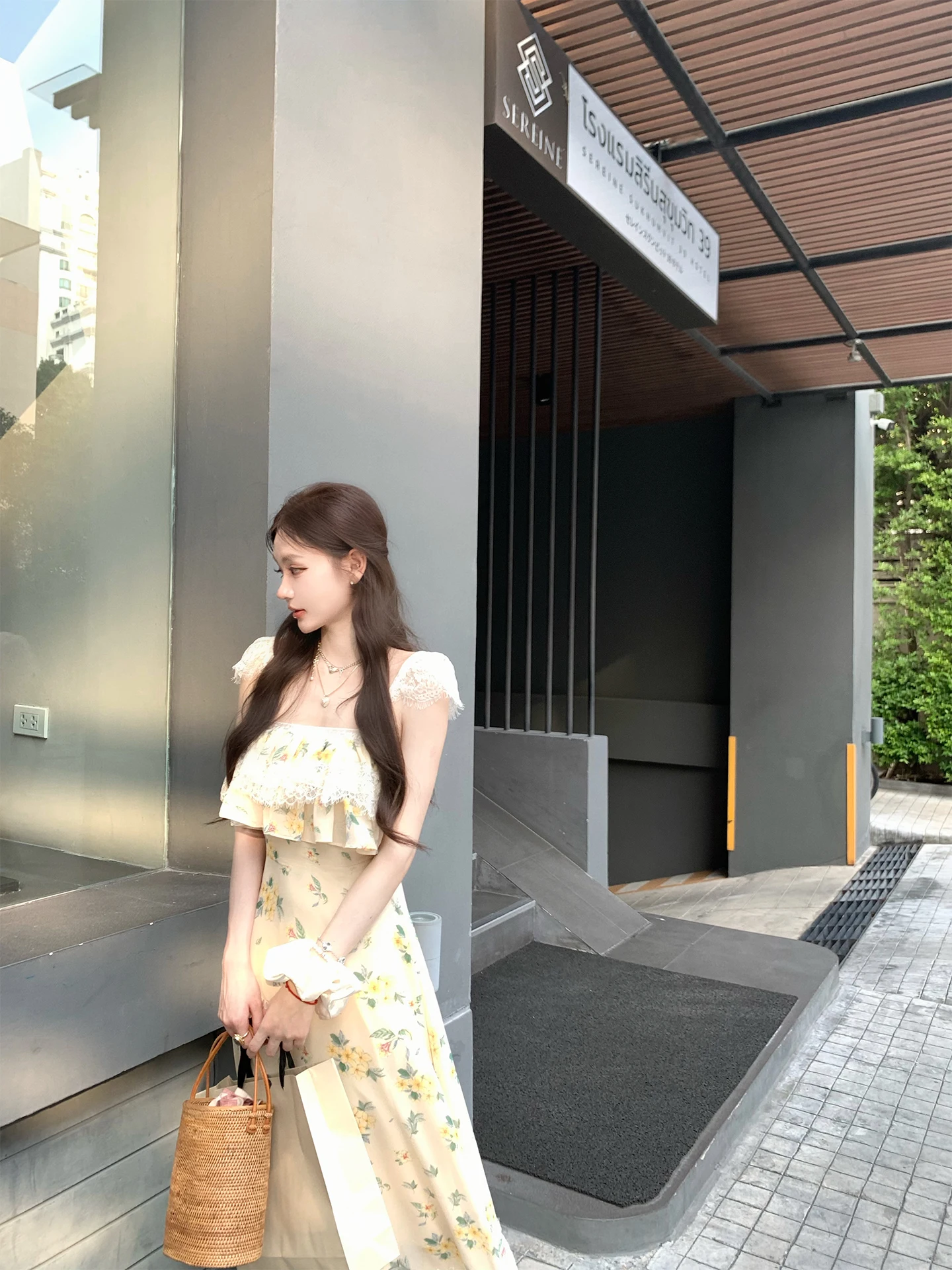 

Pinky Piggy Pure Desire Orange Olive Lace Splice Dr Design Sensation Long Dr Spring Summer Floral Print Gathered W...