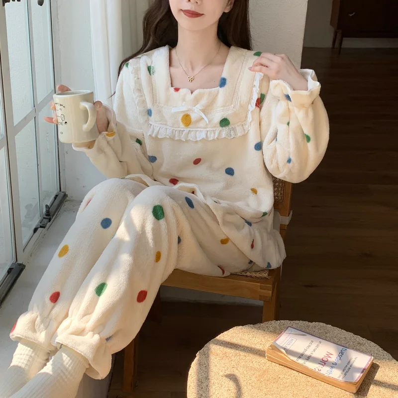 

Women's Polka Dot Pajamas Sleepcoat Homewear Sleepwear Loungewear Spring Autumn Winter Girl's Thicken Fleece-Lined Cute Warm Set