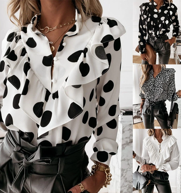 

Женская ткань из полиэстера с рюшами и V-образным вырезом на пуговицах Long Sve Regular Fit Commute Sle Pure Color