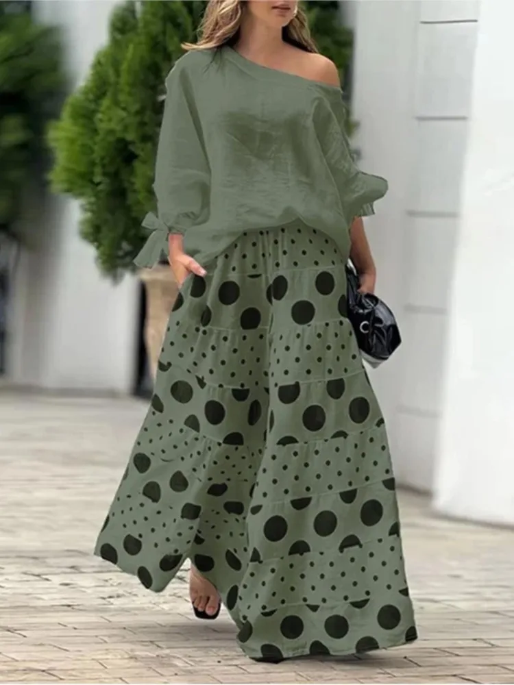 2 Piece Set Women Outfit Off-shoulder Tops With Polka Dot Print Wide Leg Pants Matching Suit Fashion Women\'s Clothing 2024 Sets