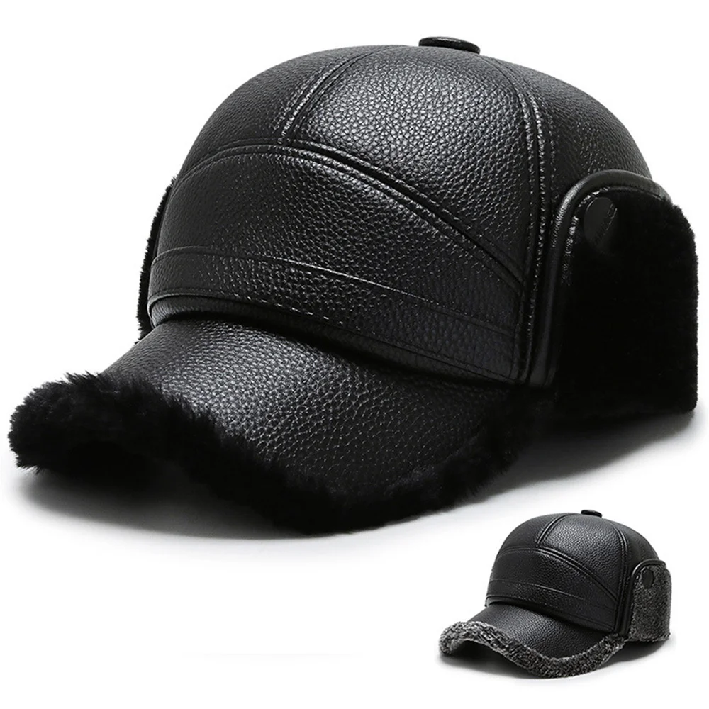 Winter Thick Warm Men's Ear Protection Hats Leather Dad Caps with Earflaps Fleece Beanie Hats Outdoor Sport Golf Baseball Cap