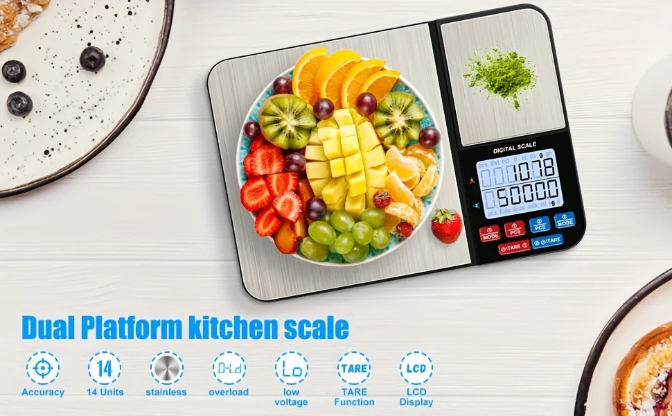 Große digitale Küchenwaage mit zwei Plattformen, 1 Stück, mit zwei Genauigkeiten: 0,01 g/0,001 oz und 0,1 g/0,01 oz, maximale Kapazität 5 kg/11 lb – Detail 1