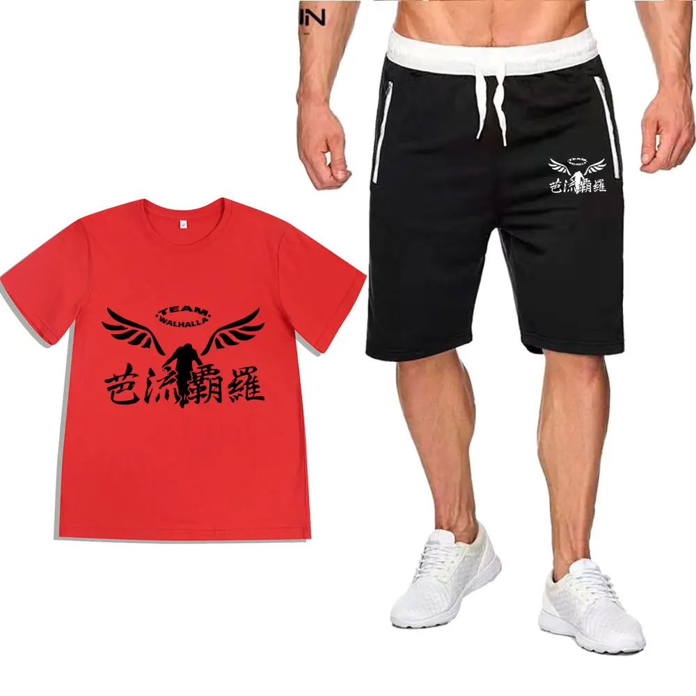 Verão conjunto de duas peças anime algodão masculino camiseta + conjuntos de esportes dos homens tóquio vingers shorts pantsuit t camisas define sweatpants