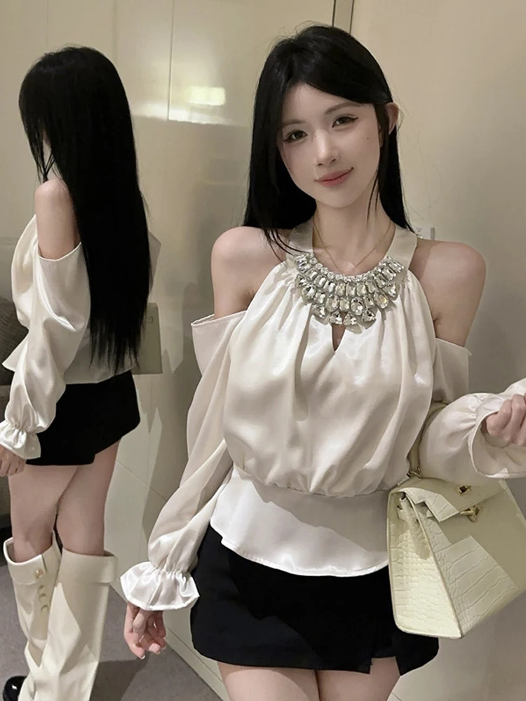 

Elegant Hollow out Shoulder Bared Long Sleeve Shirt Diamond Embedded Heavy Work Neck Hanging French Style Slim Fit Women's Bl...