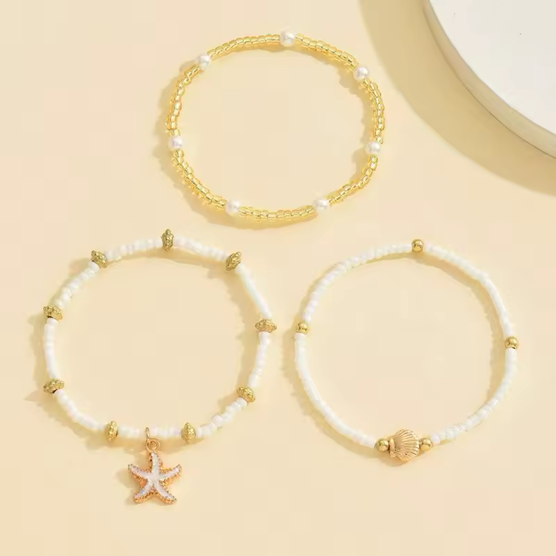 Summer Bohemian Style Starfish Shell Millet Bead Ankle Chain Three-Layer Set Beachy Elegant Foot Jewelry Accessory - Image 2