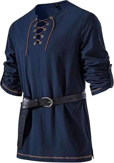 Mittelalterliches Schnür-Tunika-Hemd für Herren, Renaissance-Wikinger-Piraten-Kostüm, langärmliges Retro-Oberteil mit Gürtel für Halloween-Cosplay – Detail 2