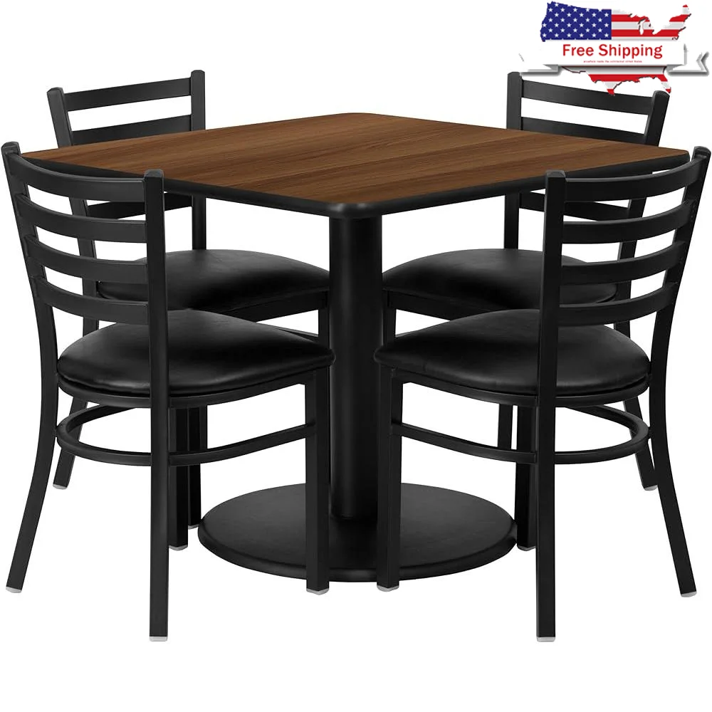 

36 Inch Square Walnut Laminate Table Set with Round Base and 4 Metal Chairs Black Vinyl Seat Ideal Dining Room Café