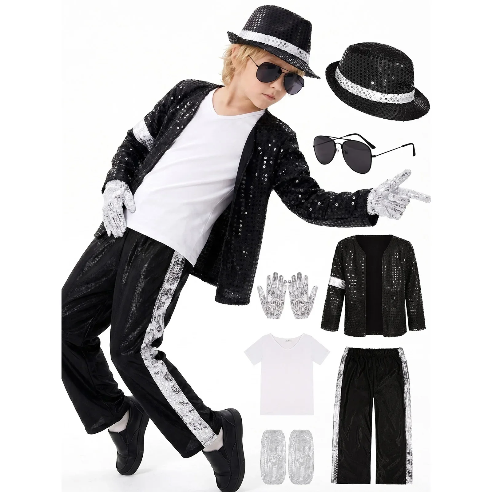 

Kids cosplay Dance Star Costume set Metallic Shiny 80s 90s Stage Party Outfit Boy Girl Clothing Children michael jackson costume