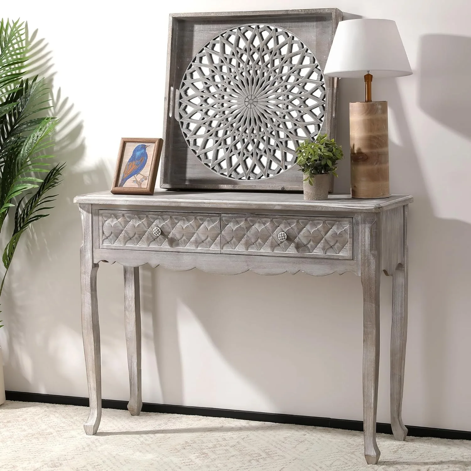 Solid Wood Entryway Table, Farmhouse Console Table with Storage and Carved Drawers, Rustic Console Tables for Entryway