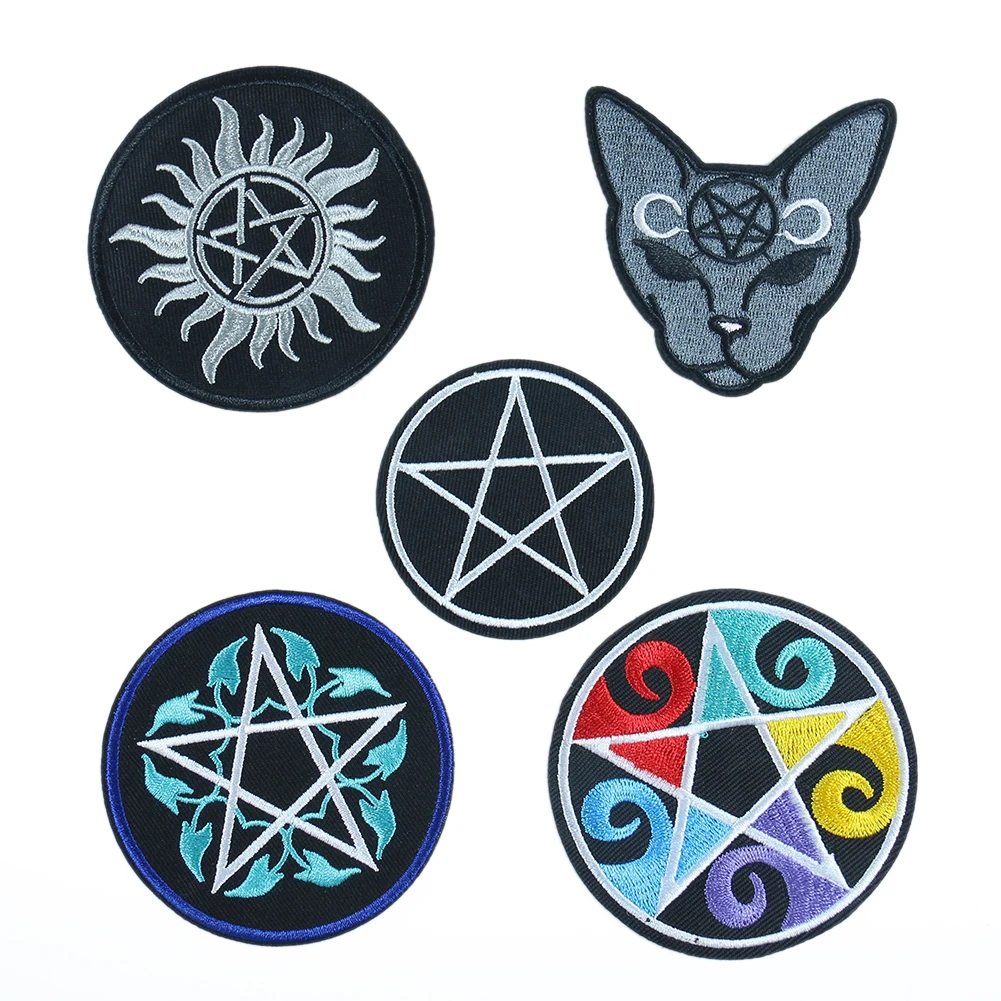 Evil Demon Pentagram Satan Cat Spirit Embroidered Patch Iron on Applique Sewing Badge Crafts Meditation Mascot Scrapbook Decor