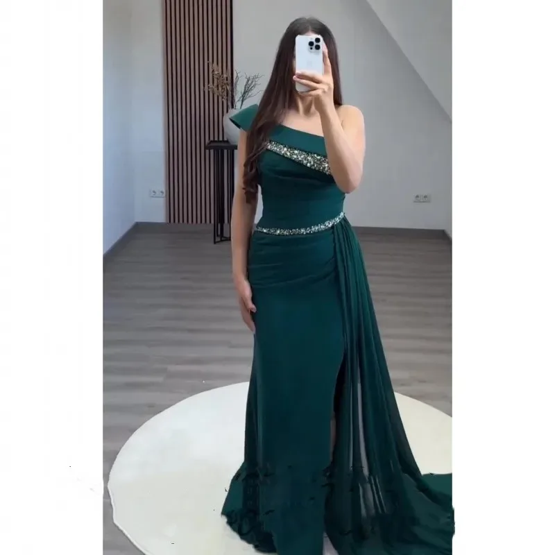 

Flora Dress Deep Green Satin Mermaid Prom Dress Side Slit Evening Party Gown One Shoulder Formal Prom Dresses Robes De Soirée