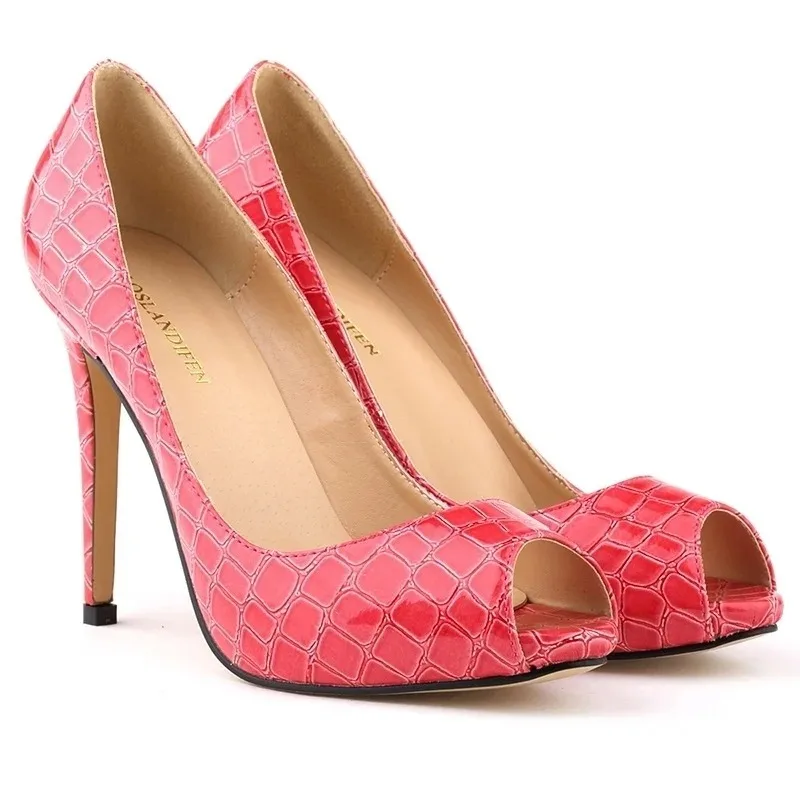 Women Stilettos Summer 11cm Sexy Pumps Peep Toes Crocodile Pattern Shallow High Heels Elegant Party Wedding Shoes Large Size 43