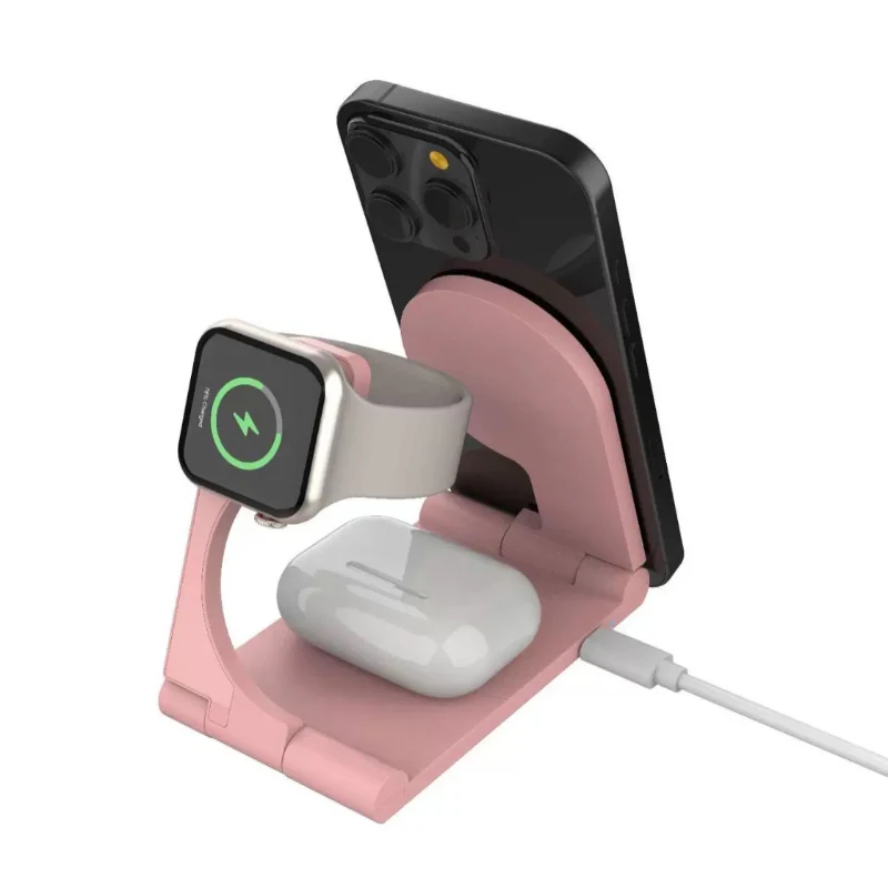 طوي 3 في 1 شاحن لاسلكي حامل الوسادة سطح المكتب محطة شحن سريعة آيفون/سماعات/محطة شحن الساعة