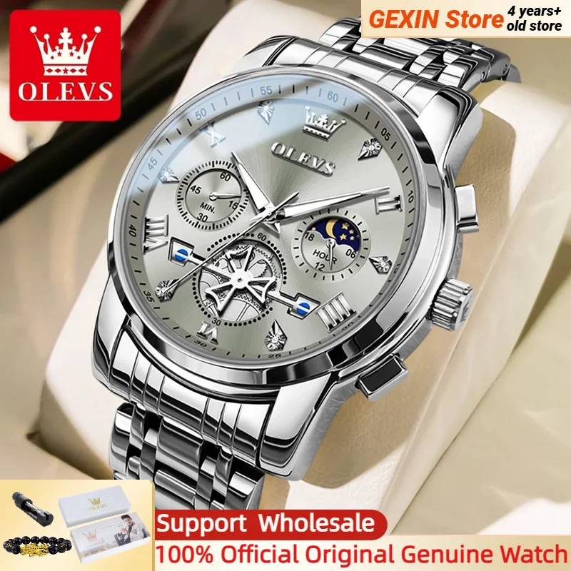 

OLEVS 2856 Mens Watches Chronograph Business Dress Quartz Stainless Steel Waterproof Luminous Date Moon phase Wrist Watch Male