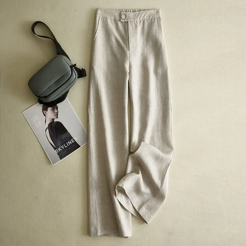 

Vintage Cotton Linen Pants Women Loose Wide Pants Solid Color Straight Baggy Pants Woman Elastic Waist Straight Pants Q662