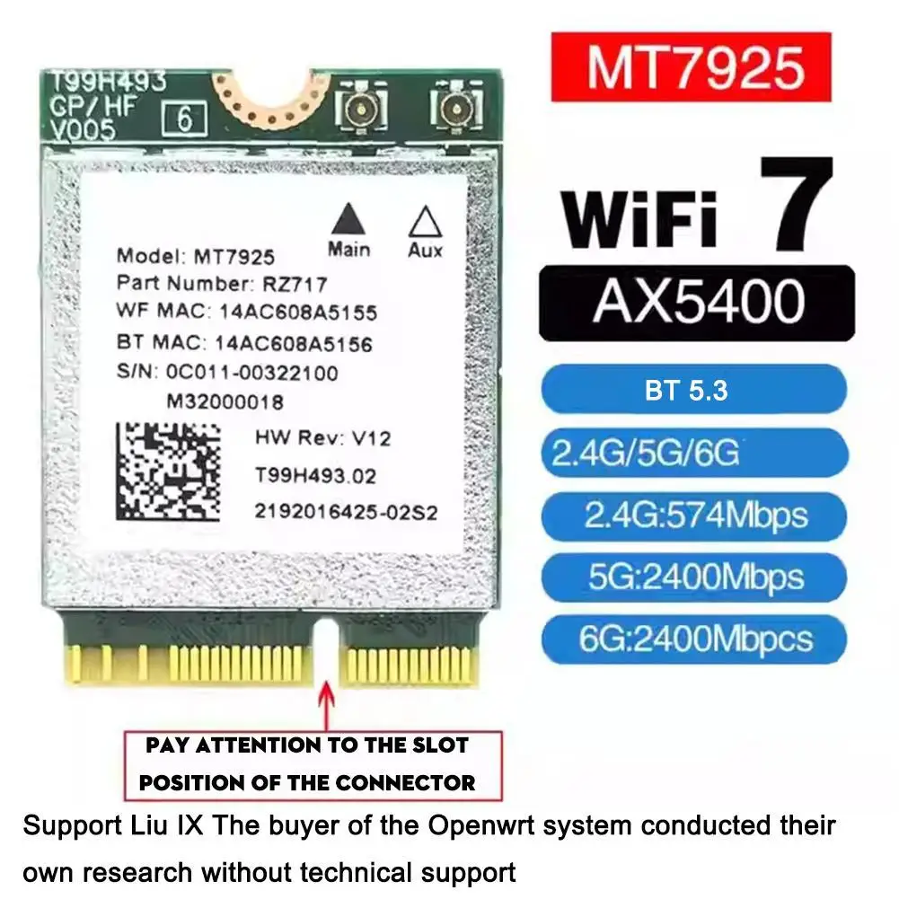 

Wi-Fi 7 MT7925 Wireless Lan card 5400Mbps M.2 key E 2.4G 5G 6G BT5.3 wifi adapter for win 10/11 Linux MT7925 Network Card