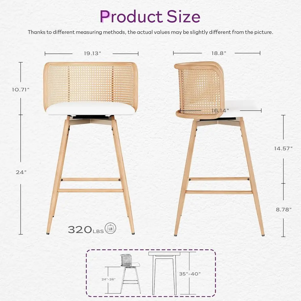 Set of 4 White Rattan Swivel Bar Stools, Counter Height, Natural Woven Back, Leather Seat, Ideal for Kitchen Island